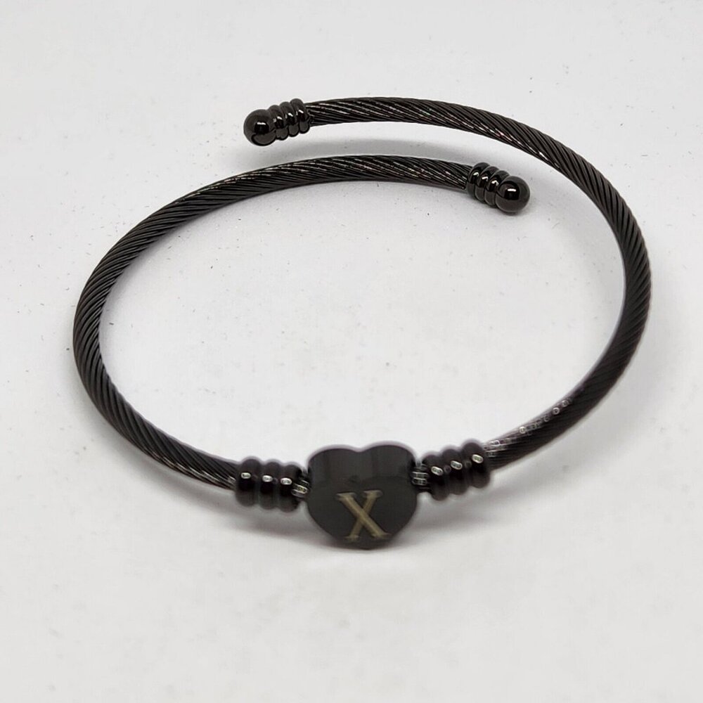 Initial X Heart Coil Bangle Bracelet Black